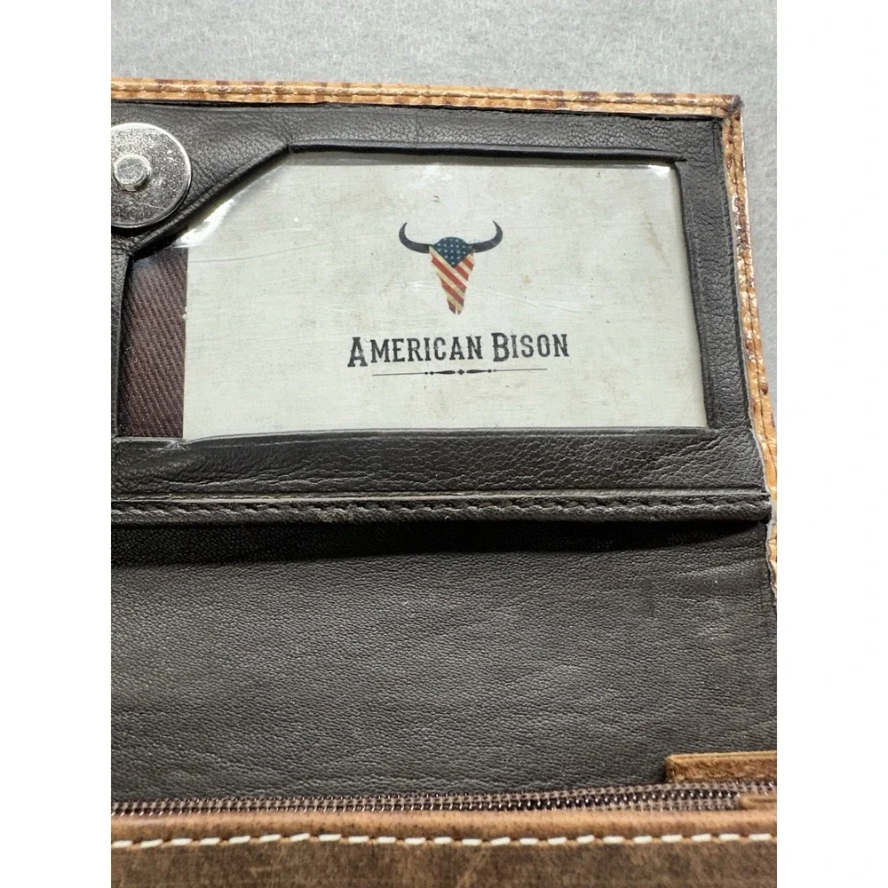 American Bison Leather Wallet with Tan Crocodile Pattern Flap Pockets New Other